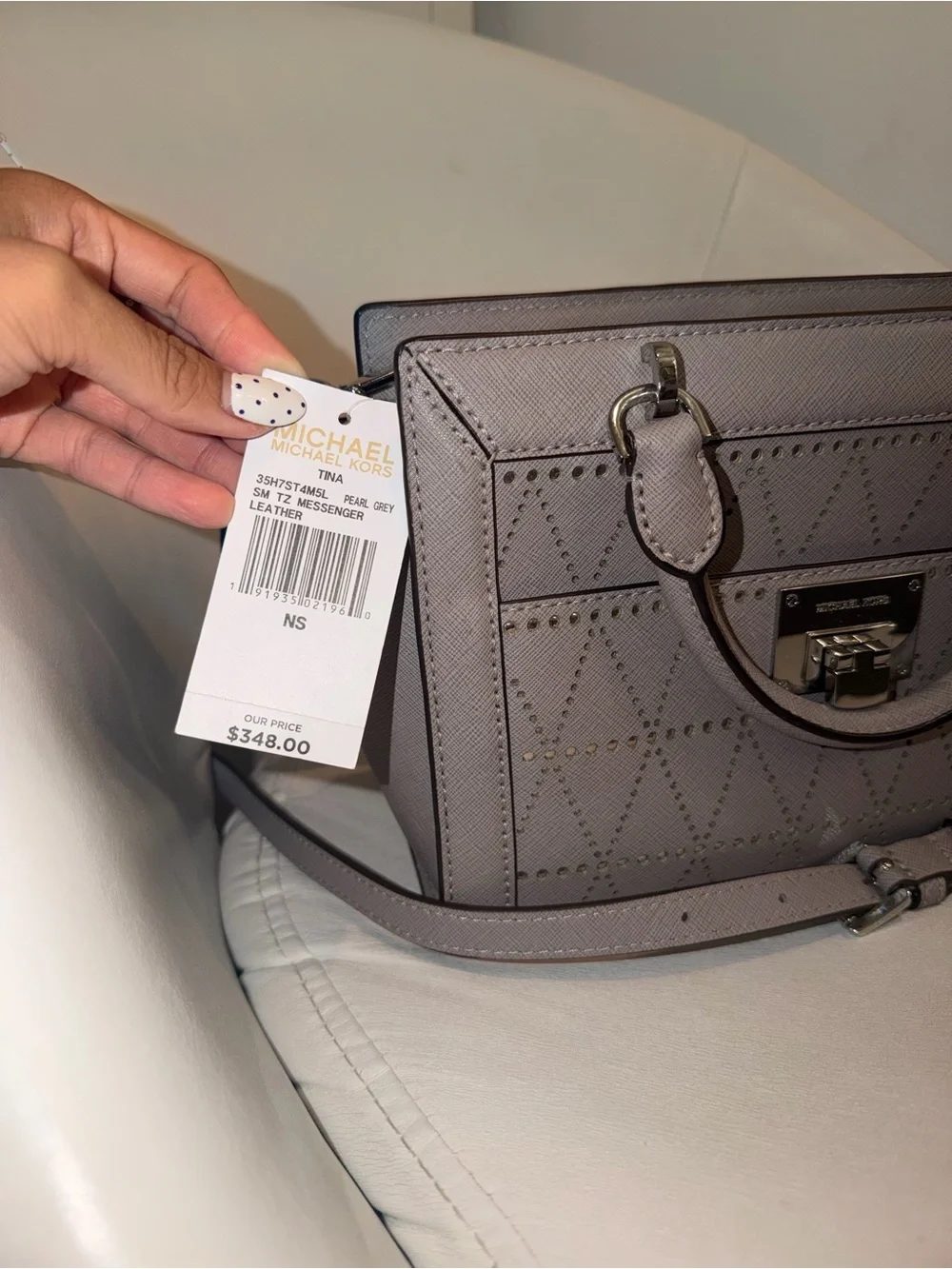 Michael Kors Small Tina Top Zip Messenger In Saffiano Leather Sachel: Pearl Grey